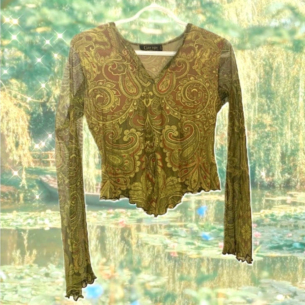 Y2K Green Paisley Long Sleeve Mesh Top - Picture 1 of 6